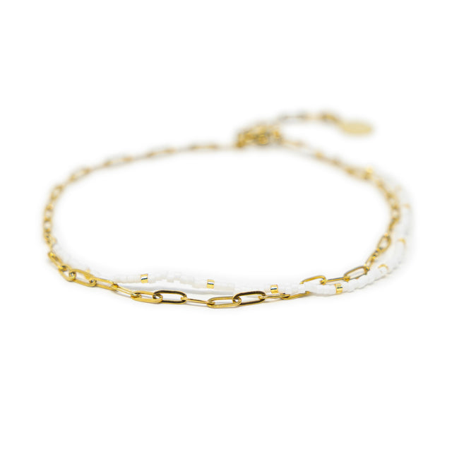 Doubled Up Anklet in White & Small Gold Chain