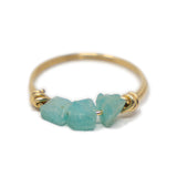 Three raw Amazonite stones on a gold ring shown on white front view