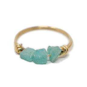 Three raw Amazonite stones on a gold ring shown on white front view