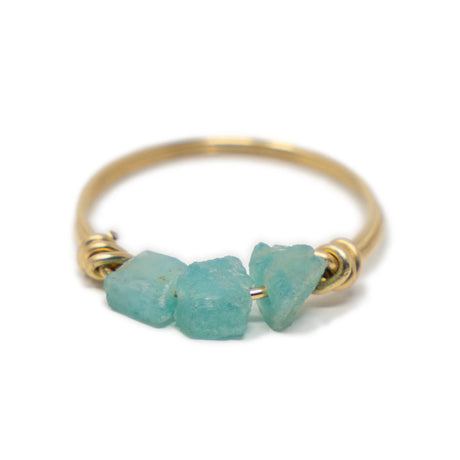 Three raw Amazonite stones on a gold ring shown on white front view