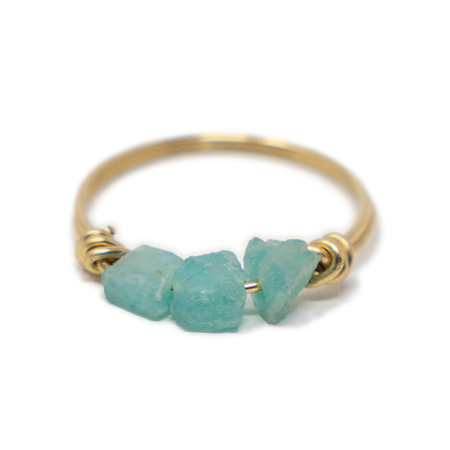 Three raw Amazonite stones on a gold ring shown on white front view