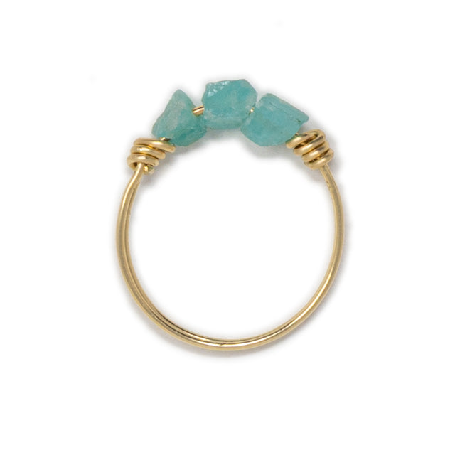 Three Amazonite raw stones on a gold ring shown on white from top view