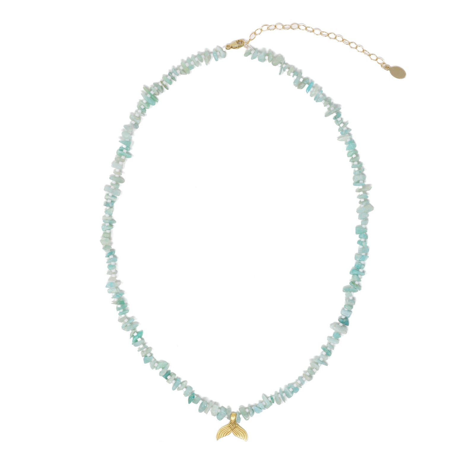 Amazonite Chip Bead Necklace with Vermeil Mermaid Tail Charm Necklace on White