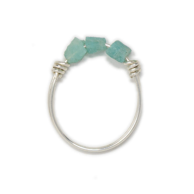 Three raw amazonite stones on a silver ring shown on white