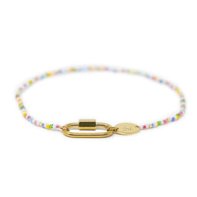 Bright color seed bead anklet for charms with a carabiner clasp for charms on white front view