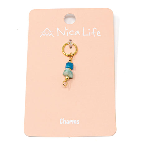Amazonte & Apatite Stone Charm for charm bar on pink Nica Life branded card
