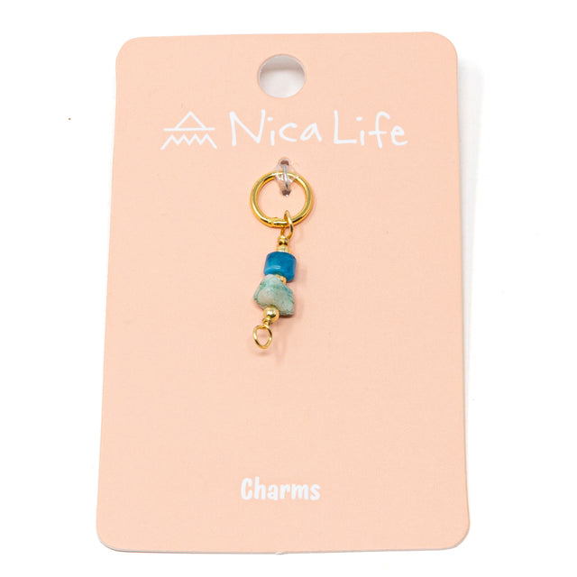 Amazonte & Apatite Stone Charm for charm bar on pink Nica Life branded card