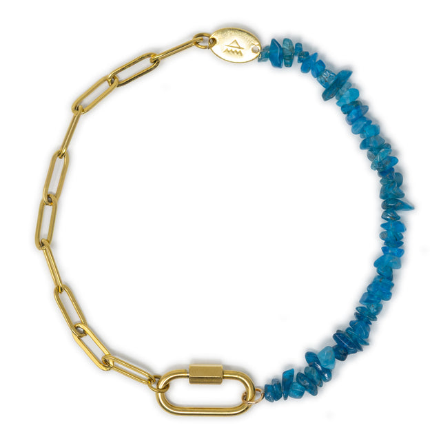 Gold chain anklet with blue apatite beads with carabiner clasp on a white background