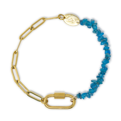Bracelet with striking blue apatite beads, gold chain, and a gold carabiner clasp on a white background