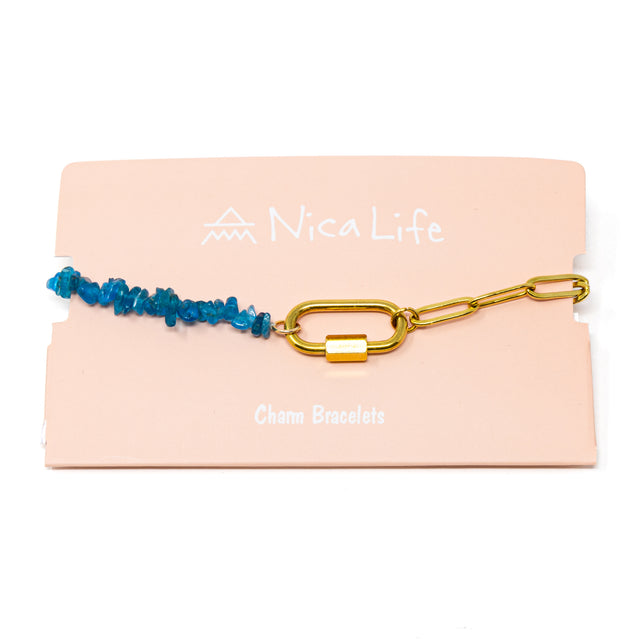 Bracelet with bright blue apatite beads and gold chain with a gold carabiner clasp for charms on a Nica Life branded card