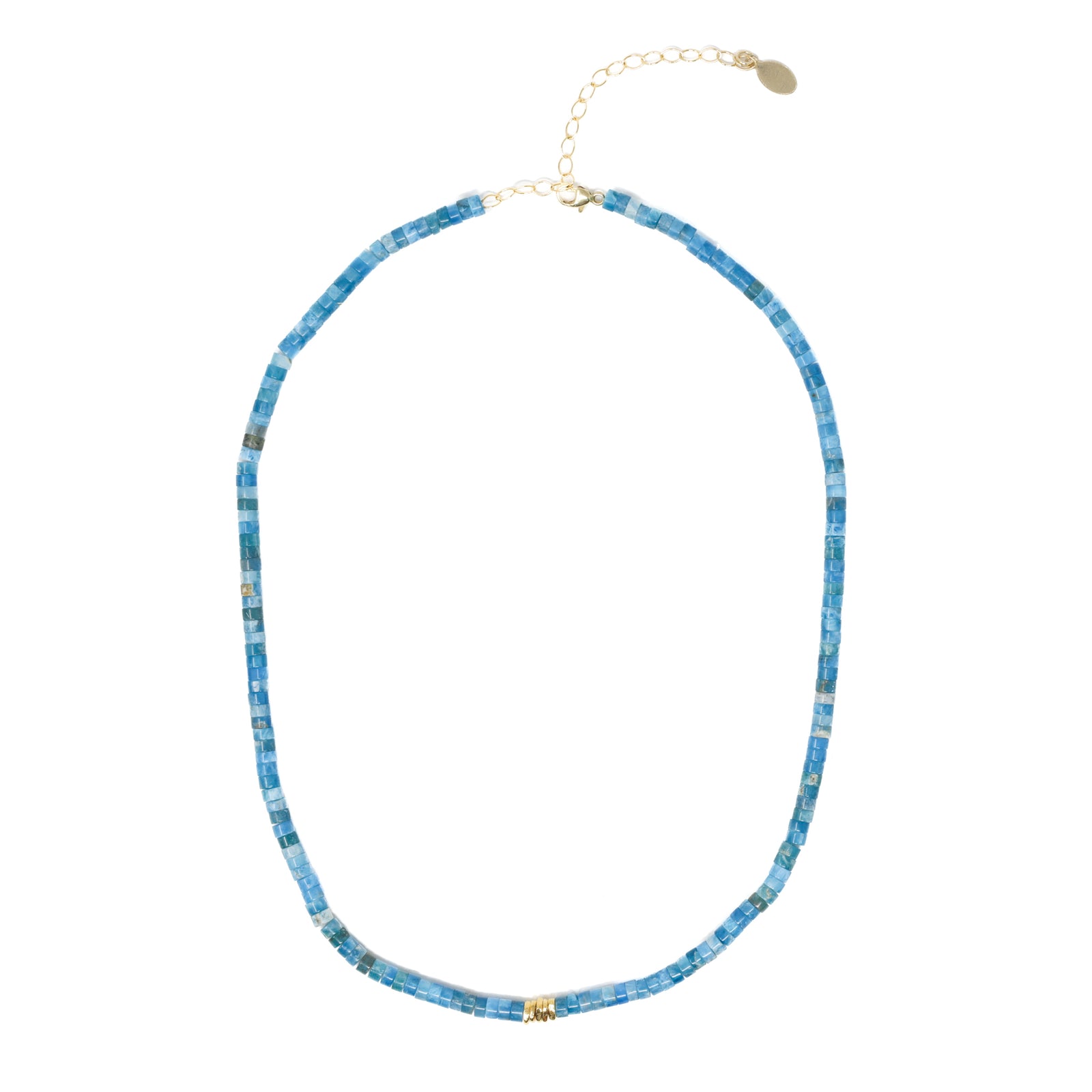 Apatite heishi choker necklace with vermeil nugget beads show on white