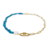 Apatite charm necklace handmade with gold chain, a pearl and a carabiner clasp for charms shown on white