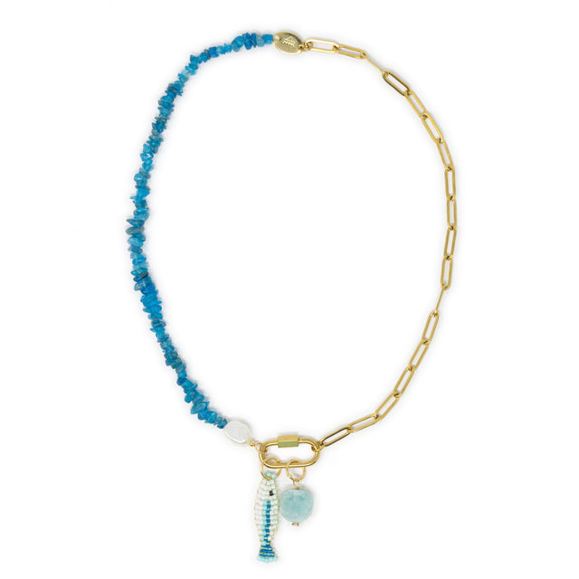 Apatite charm necklace with seafoam fish charm and amazonite charm on the carabiner clasp shown on white. 