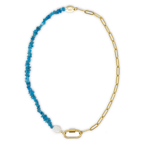 Charm necklace with blue apatite beads and chain and gold carabiner clasp for charms on a white background
