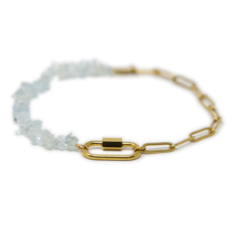 Anklet with gold chain and aquamarine stone beads with a carabiner clasp on a white background