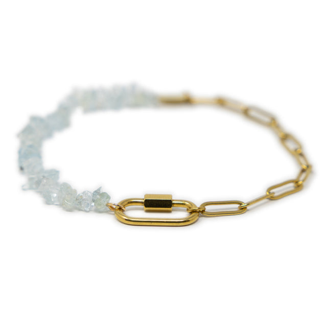 Anklet with gold chain and aquamarine stone beads with a carabiner clasp on a white background