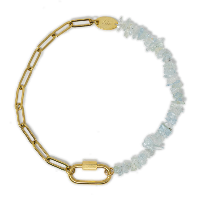 Anklet with gold chain and  aquamarine stone beads with a carabiner clasp for charms on a white background