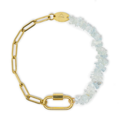 Gold chain charm bracelet with aquamarine beads and a carabiner clasp on a white background