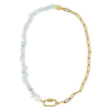 Necklace with aquamarine beads and gold chain with gold  carabiner clasp on a white background