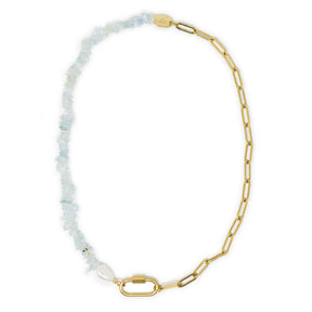 Necklace with aquamarine beads and gold chain with gold  carabiner clasp on a white background