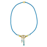 Blue necklace with a gold carabiner clasp holding a fish & stone charm on a white background