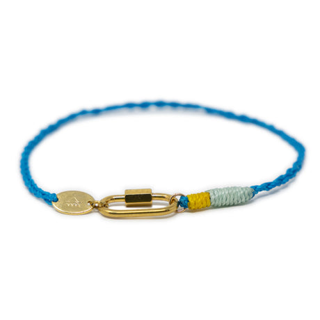 Hand made braided blue rope charm anklet with mint & yellow accents featuring a gold carabiner clasp for charms shown on white