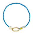 Blue braided cord anklet with a gold carabiner clasp for charms on a white background
