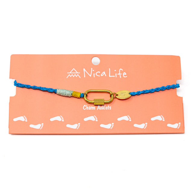 Cord charm anklet in blue on Nica Life branded card