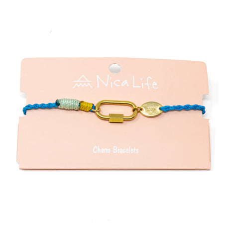 Cord charm bracelet with gold  carabiner clasp for charms on a pink card with 'Nica Life' branding