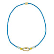 Hand braided bright blue cord charm necklace with gold carabiner for charms shown on white with yellow and mint accents 