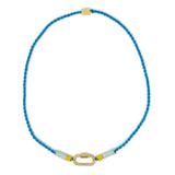 Hand braided bright blue cord charm necklace with gold carabiner for charms shown on white with yellow and mint accents 