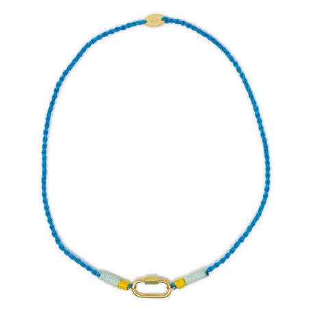 Hand braided bright blue cord charm necklace with gold carabiner for charms shown on white with yellow and mint accents 