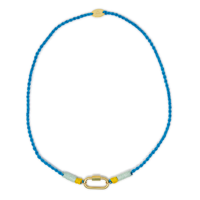 Hand braided bright blue cord charm necklace with gold carabiner for charms shown on white with yellow and mint accents 