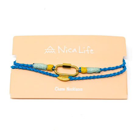 Hand braided rope charm necklace in blue with mint and yellow accents, features a carabiner clasp for charms and is shown on a Nica Life branded card