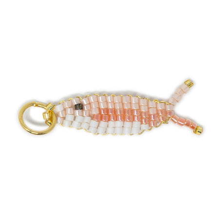 Hand beaded two tone pink fish charm for a charm necklace or bracelet shown on white