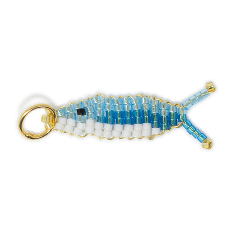 Two tone handed beaded blue fish charm for charm necklace or bracelet shown on white