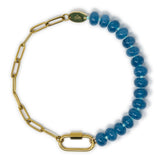 Blue stone pony bead and gold chain charm bar anklet with a gold carabiner clasp for charms shown on white top view