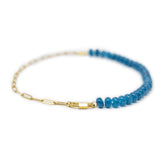 Blue stone pony bead & gold chain charm necklace with a gold carabiner clasp for charms on white front view