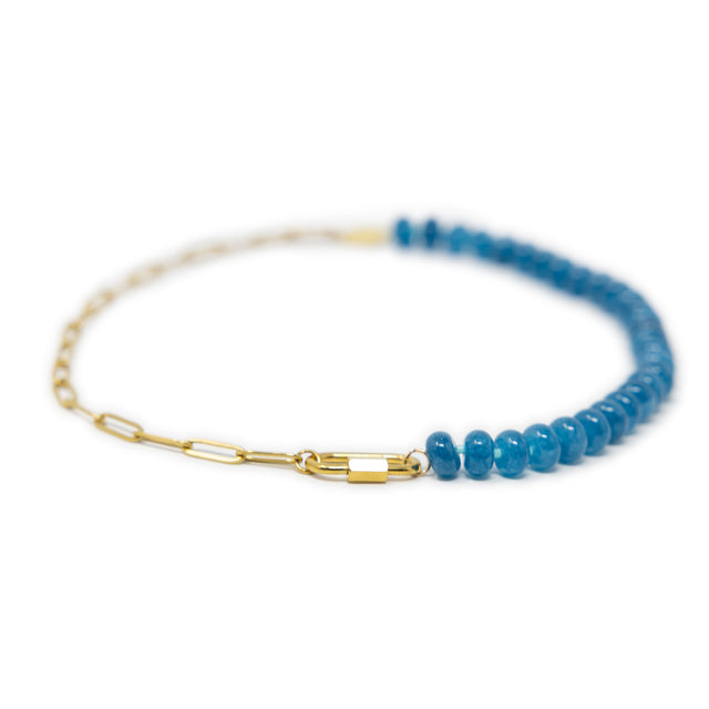 Blue stone pony bead & gold chain charm necklace with a gold carabiner clasp for charms on white front view