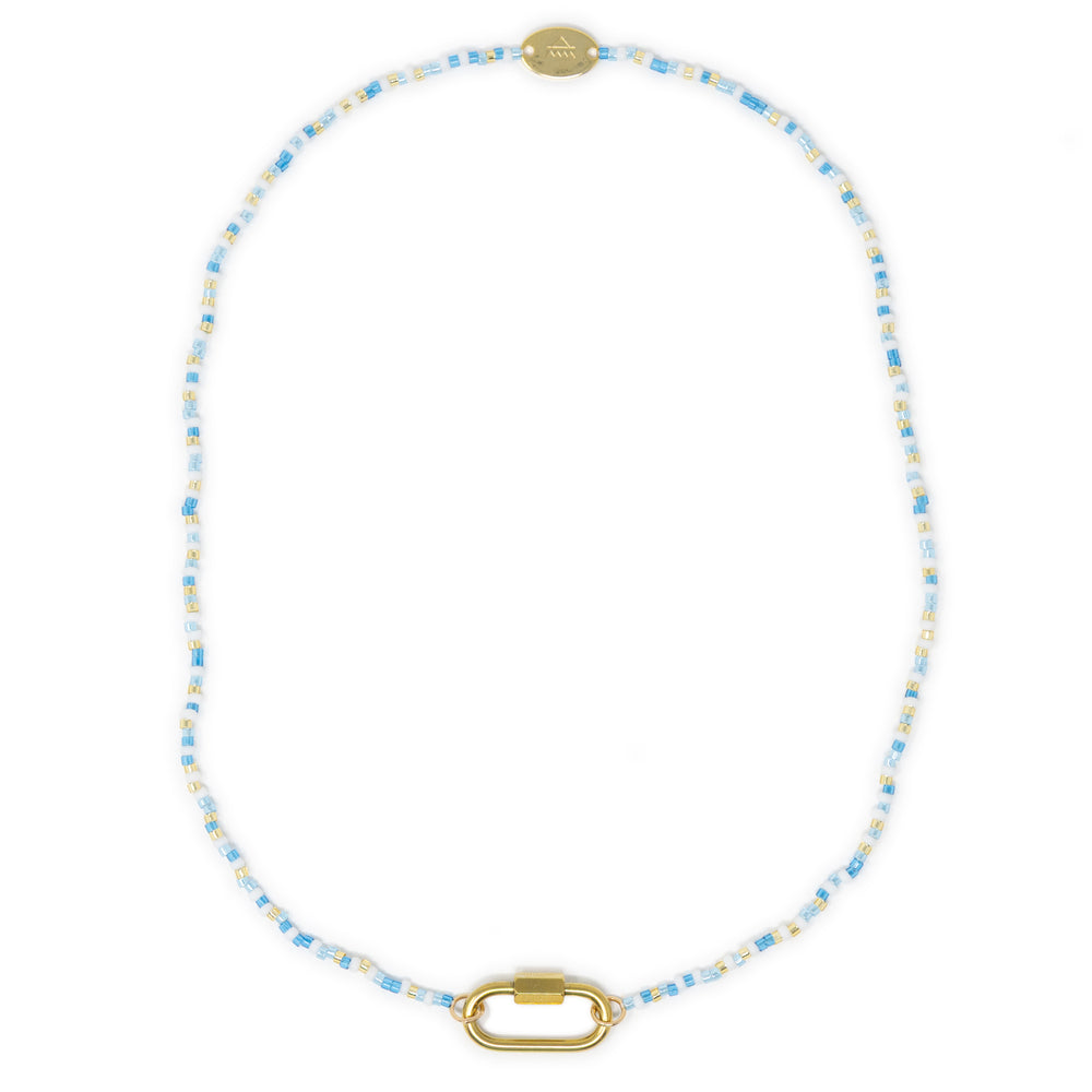 Blues and gold charm necklace base with carabiner clasp for charms shown on white top view