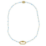 Blues and gold charm necklace base with carabiner clasp for charms shown on white top view