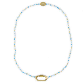 Blues and gold charm necklace base with carabiner clasp for charms shown on white top view