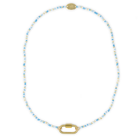 Blues and gold charm necklace base with carabiner clasp for charms shown on white top view