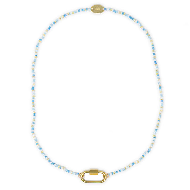 Blues and gold charm necklace base with carabiner clasp for charms shown on white top view