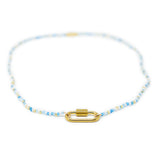 Blue colorful charm bar necklace with carabiner clasp for charms shown on white from a front view
