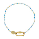 Blues seed bead charm bar anklet with carabiner clasp for charms shown on white top view