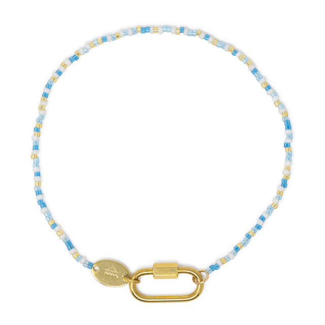 Blues seed bead charm bar anklet with carabiner clasp for charms shown on white top view