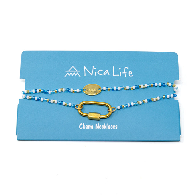 Blue seed bead charm bar necklace with carabiner clasp for charms shown on a blue Nica Life branded card