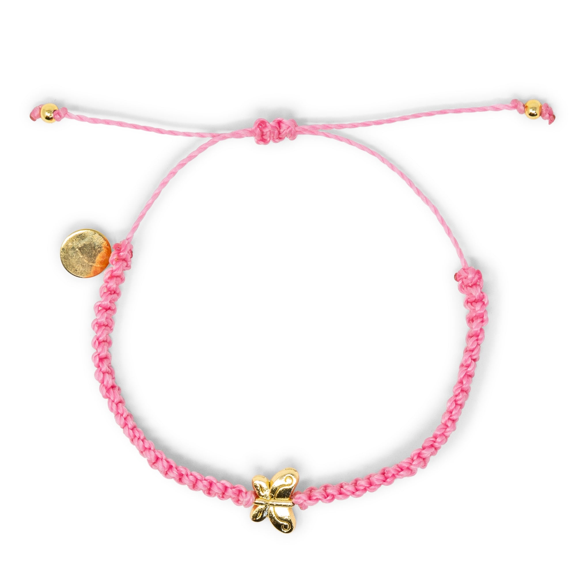Butterfly Charm Pink Macrame Bracelet on White