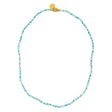 Teal blue greens seed bead necklce shown on white